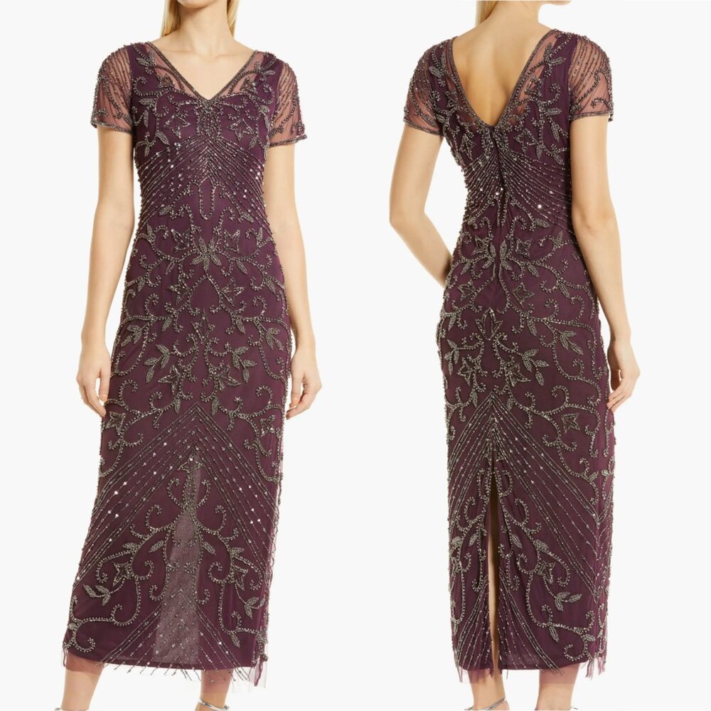 Pisarro Nights Wine Beaded Mesh Column Formal Evening Gown, 12, $268